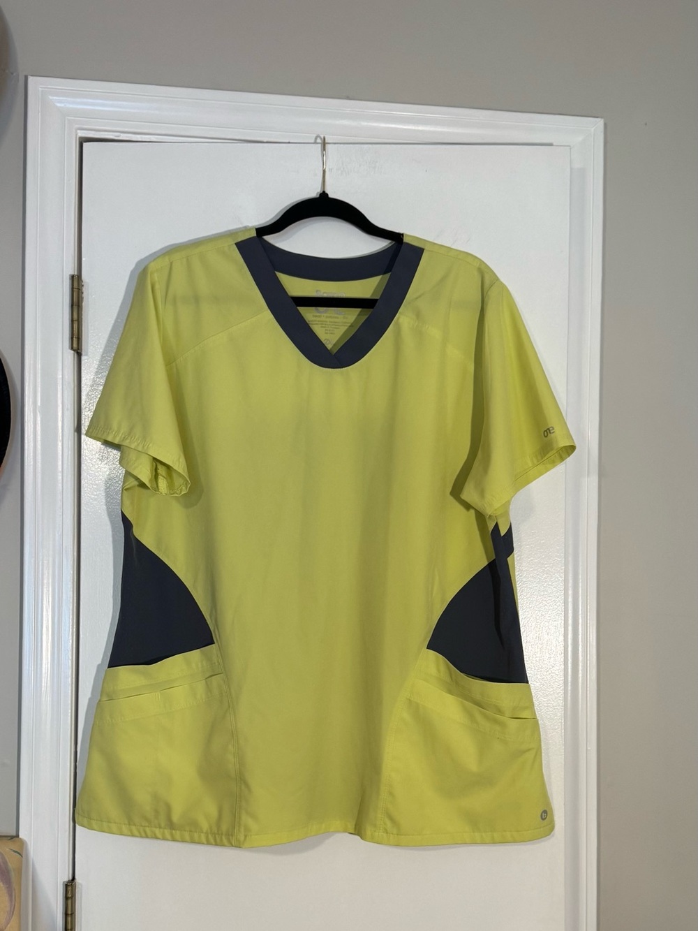 Yellow V-Neck Scrub Top with Dark Gray Accents feminine curvy gals dream scrub